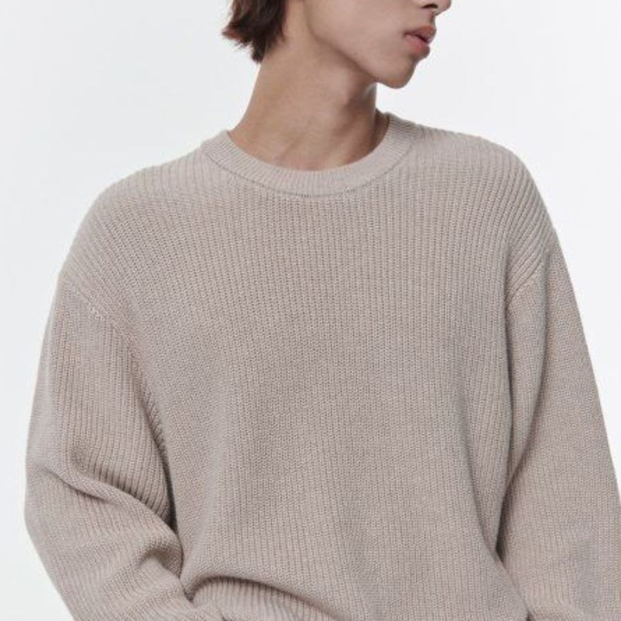 Cotton Ribbed Crew Neck Knit — Oatmeal