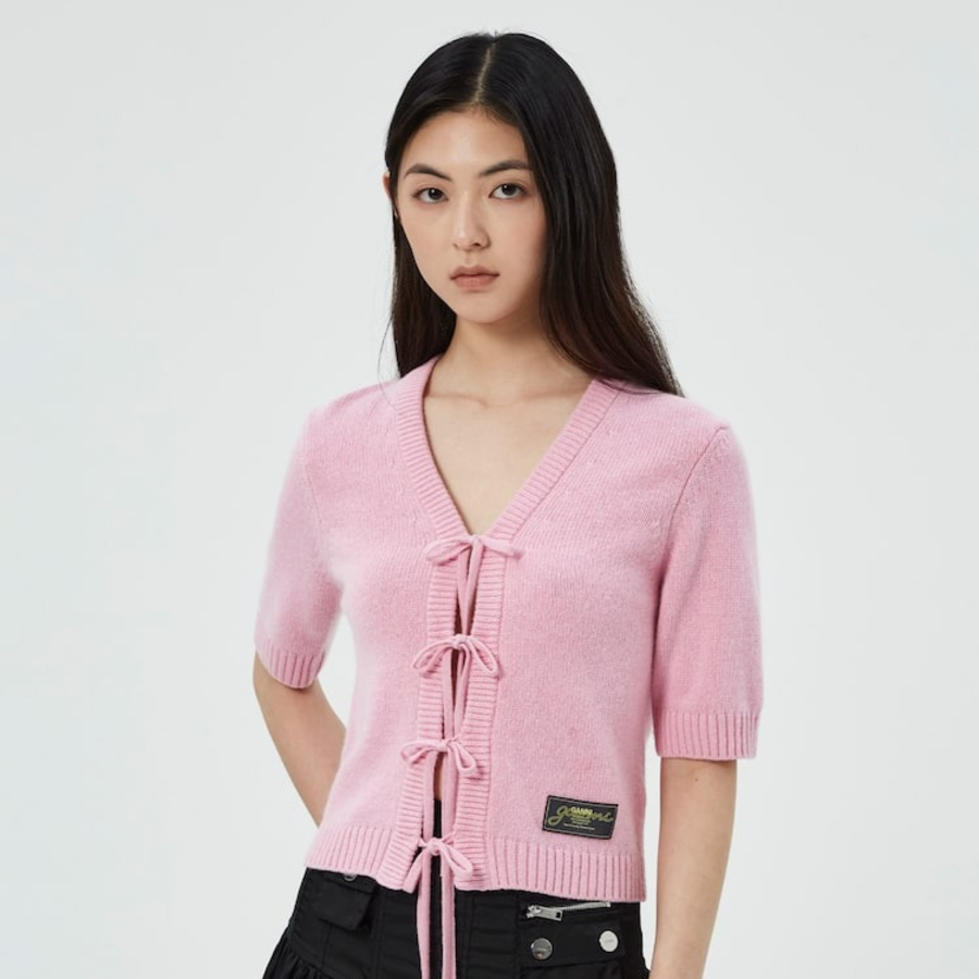 GANNI Future Wool Mix Short Sleeve Cardigan – Light Pink