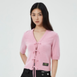 GANNI Future Wool Mix Short Sleeve Cardigan – Light Pink