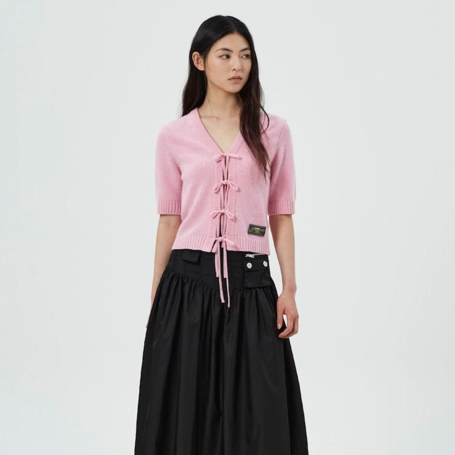 GANNI Future Wool Mix Short Sleeve Cardigan – Light Pink