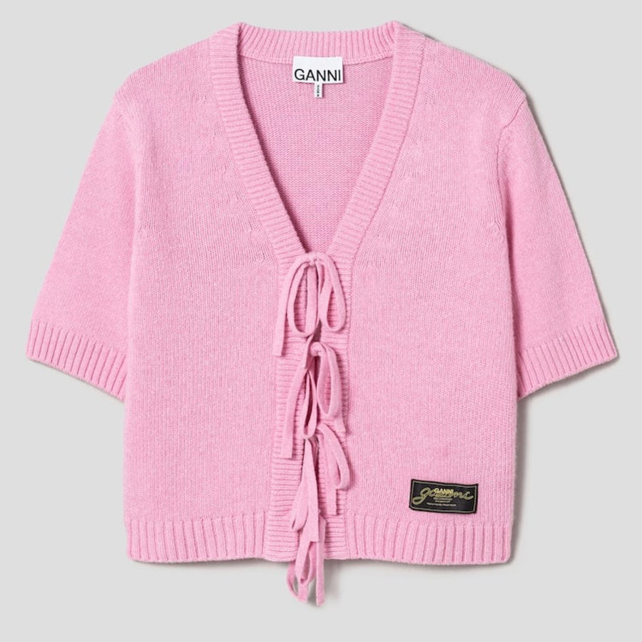 GANNI Future Wool Mix Short Sleeve Cardigan – Light Pink