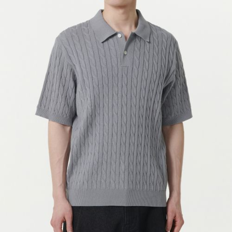 Cable Knitted Polo Shirt — Grey