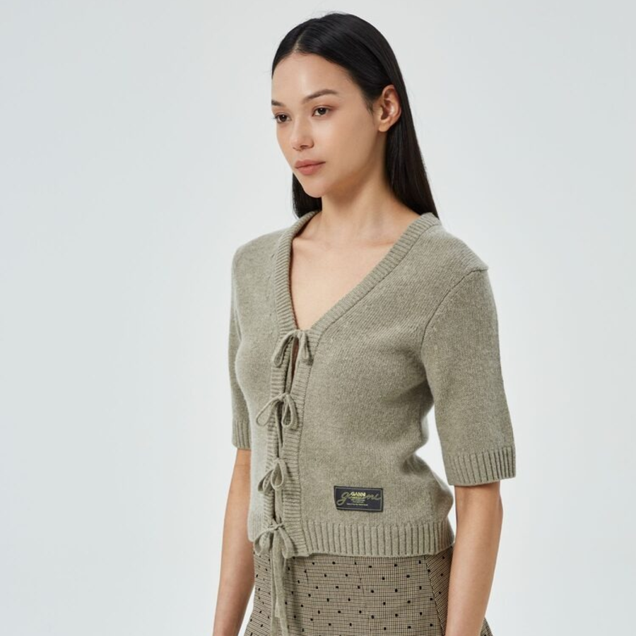 GANNI Future Wool Mix Short Sleeve Cardigan – Dusty Olive