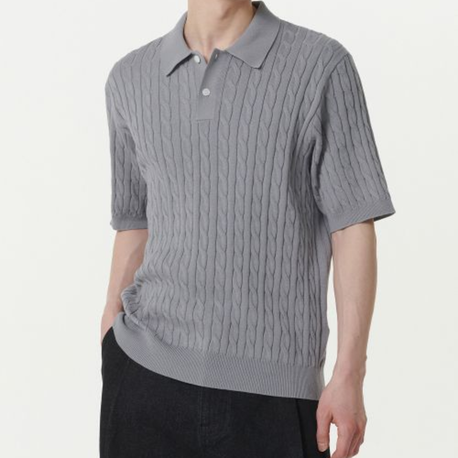 Cable Knitted Polo Shirt — Grey