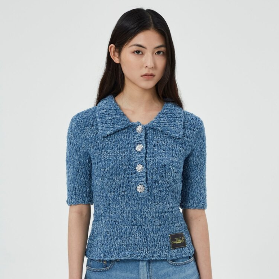 GANNI Denim Handknit Polo – Sky Blue