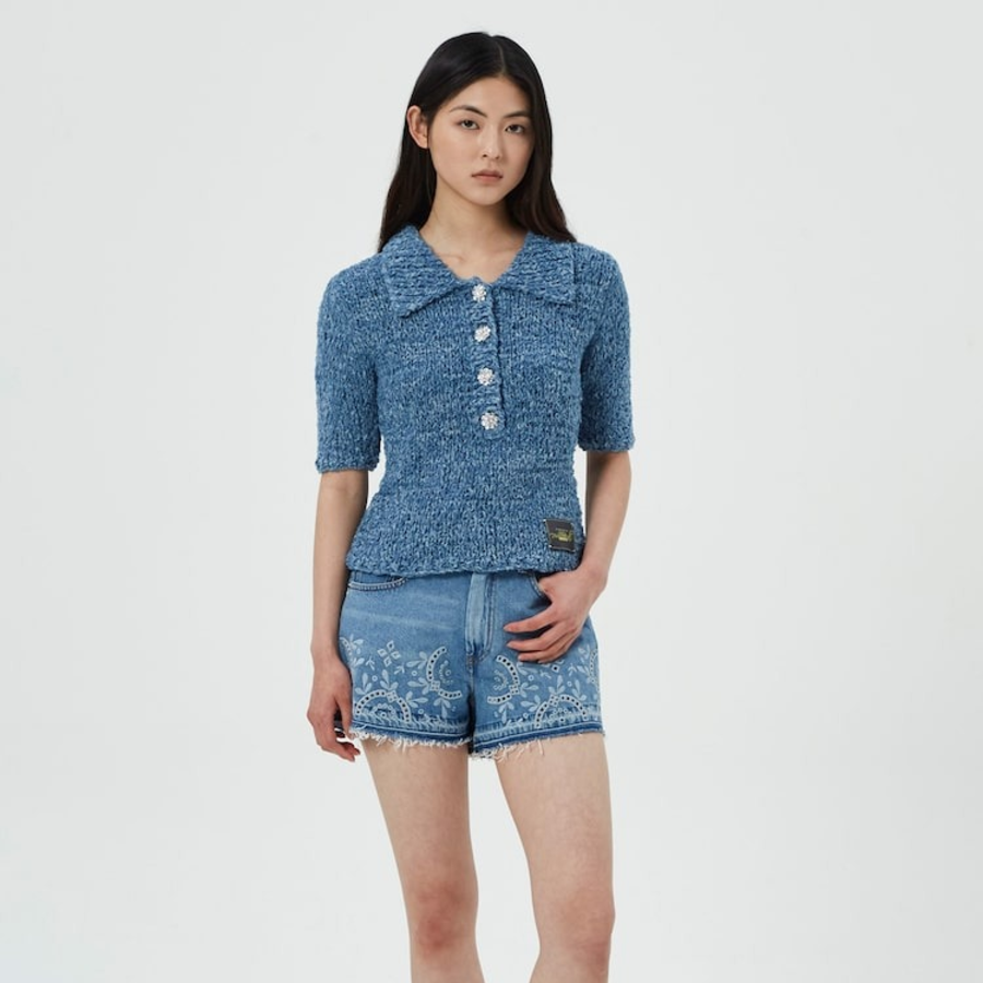 GANNI Denim Handknit Polo – Sky Blue