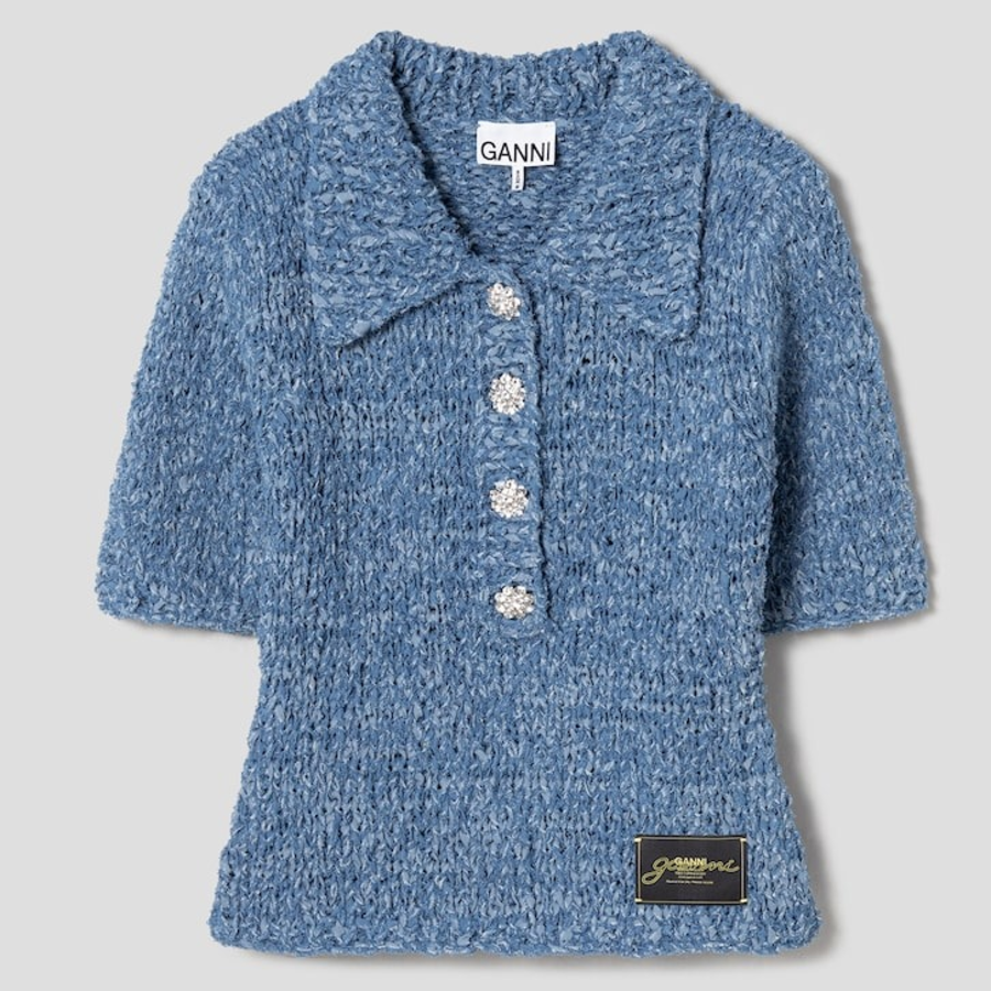 GANNI Denim Handknit Polo – Sky Blue