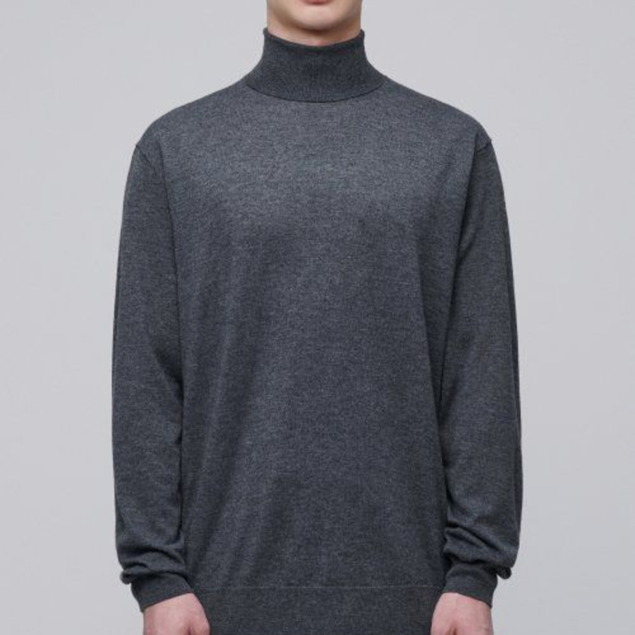 Merino Wool Blend High Gauge Turtle Neck Knit — Medium Grey