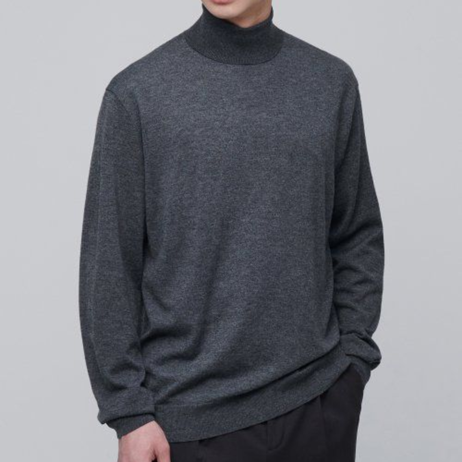 Merino Wool Blend High Gauge Turtle Neck Knit — Medium Grey