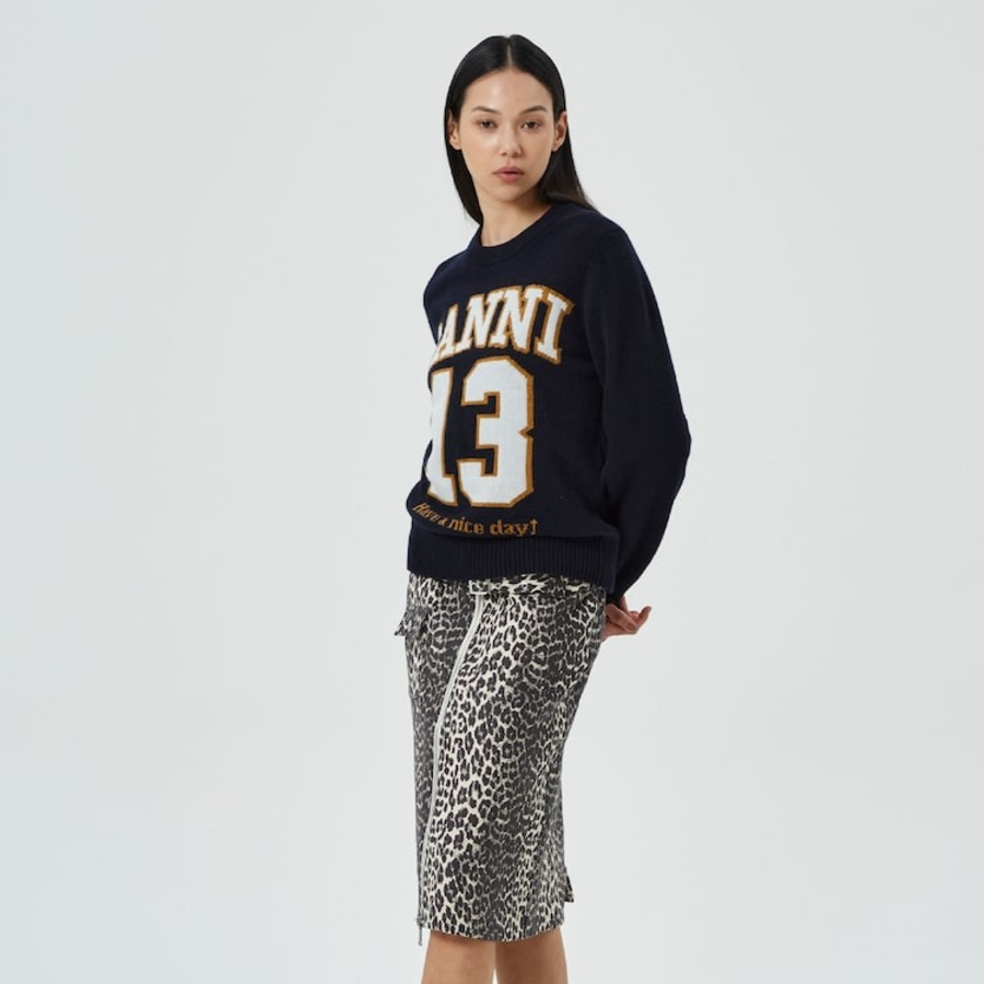 GANNI Graphic Wool Mix Baseball Crewneck – Sky Captain