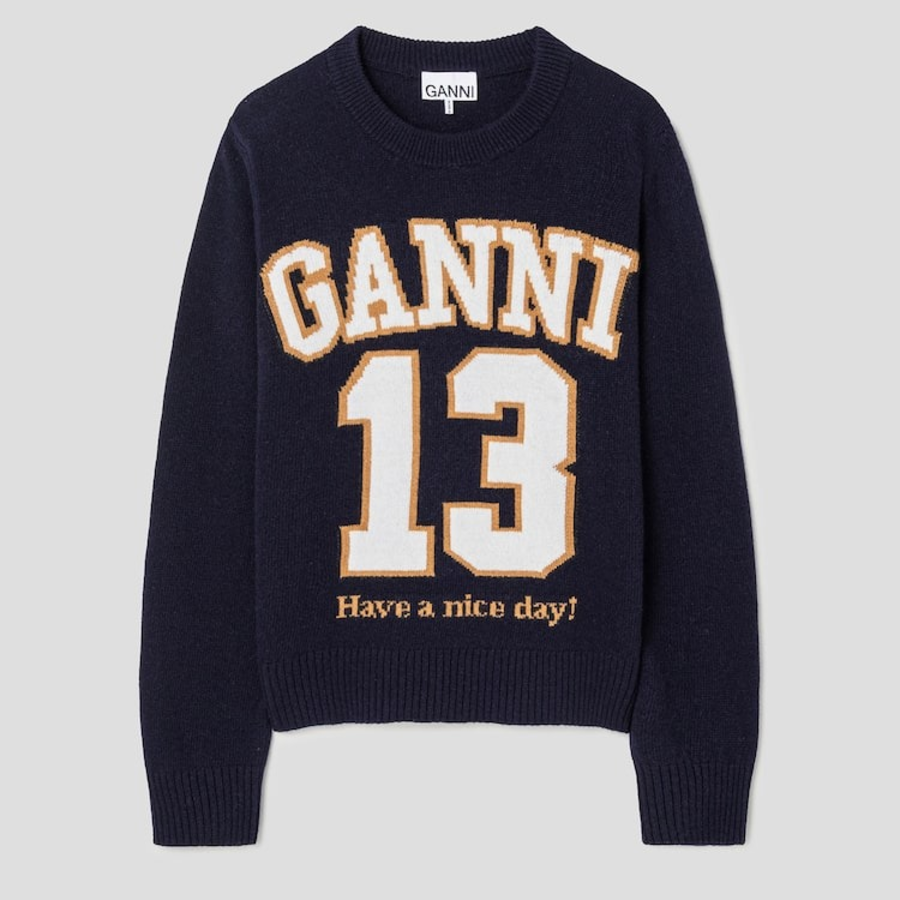 GANNI Graphic Wool Mix Baseball Crewneck – Sky Captain