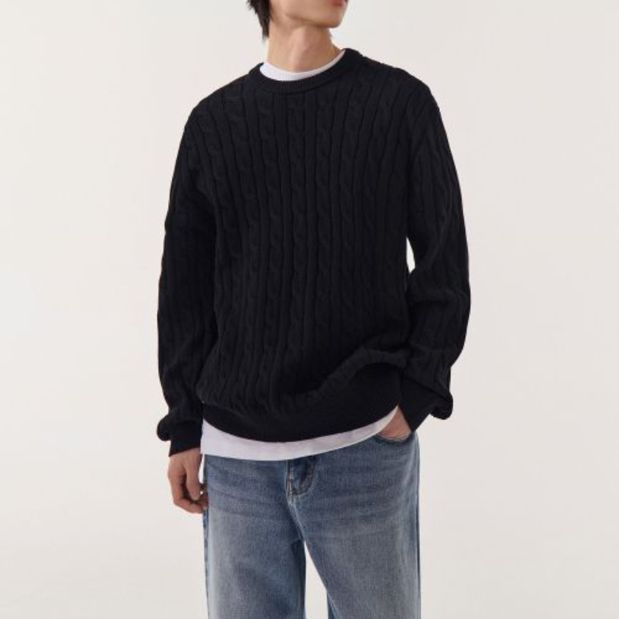 Cotton Cable Crew Neck Knit — Black