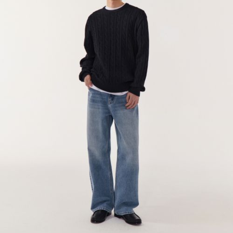 Cotton Cable Crew Neck Knit — Black