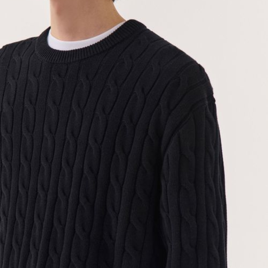 Cotton Cable Crew Neck Knit — Black