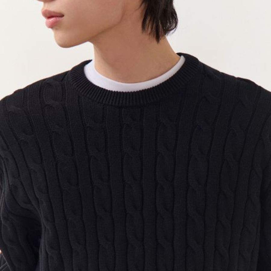 Cotton Cable Crew Neck Knit — Black