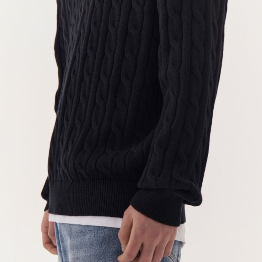 Cotton Cable Crew Neck Knit — Black