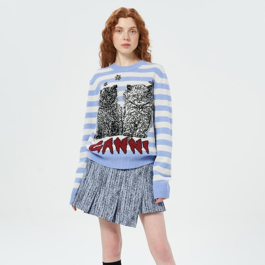 Свитер Striped Graphic Wool Mix Cats Crewneck в голубом цвете Sky Blue