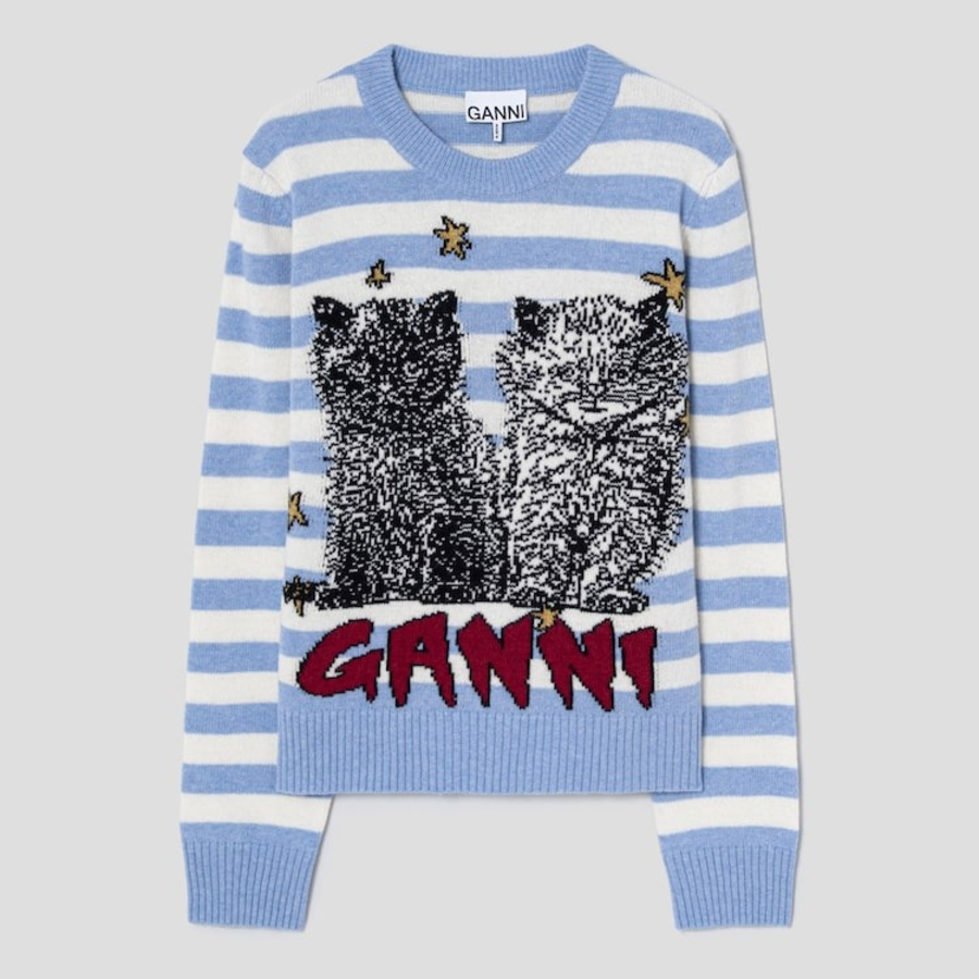 Свитер Striped Graphic Wool Mix Cats Crewneck в голубом цвете Sky Blue