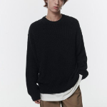 Cotton Ribbed Crew Neck Knit — Black