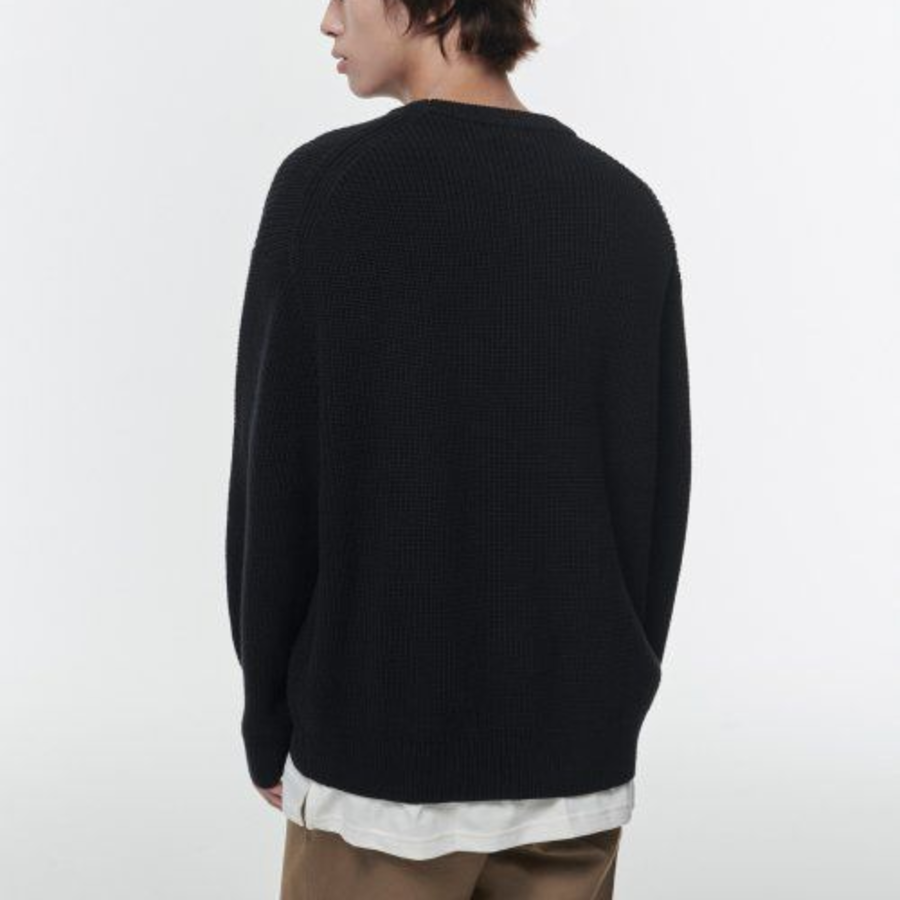 Cotton Ribbed Crew Neck Knit — Black
