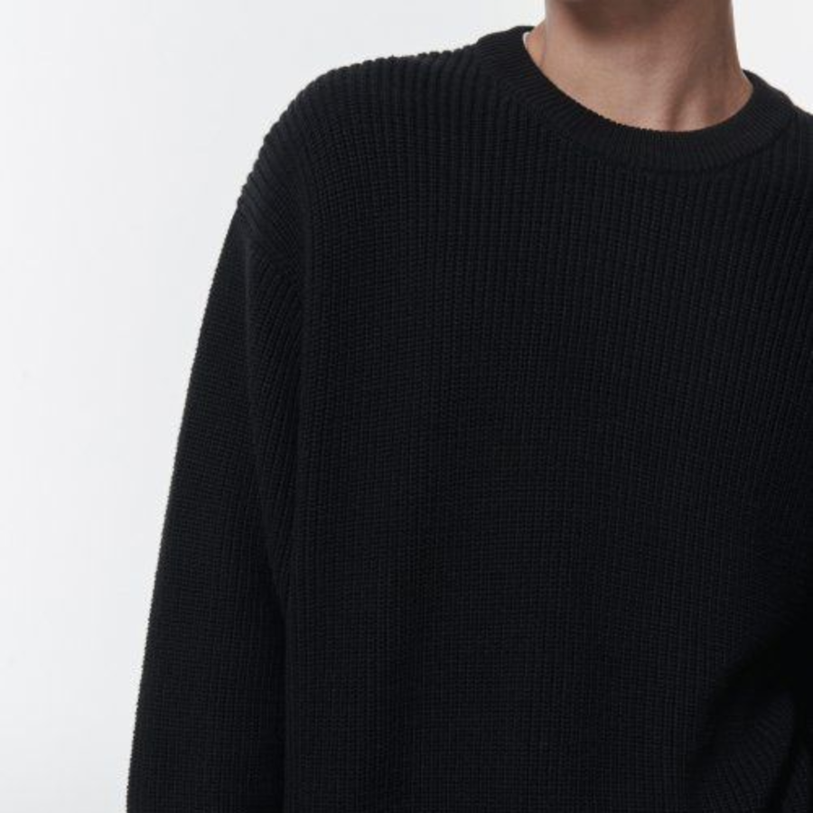 Cotton Ribbed Crew Neck Knit — Black