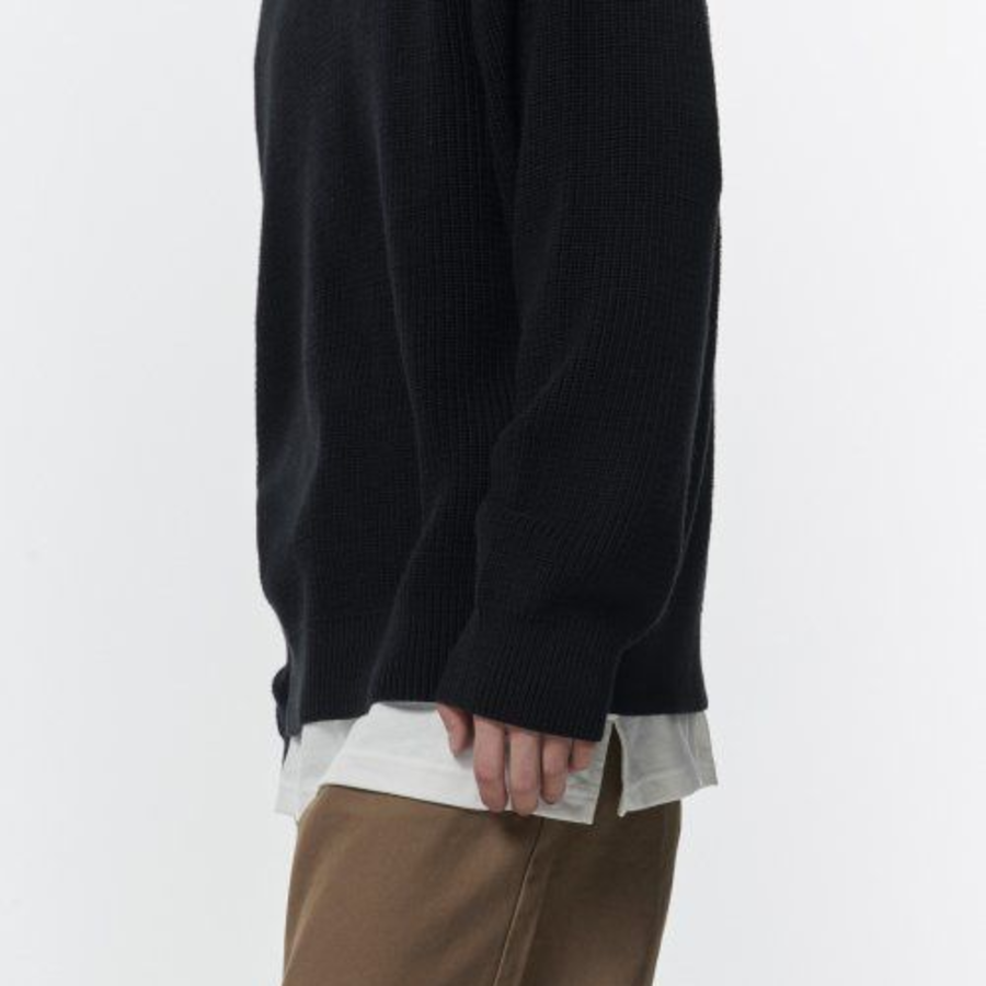 Cotton Ribbed Crew Neck Knit — Black
