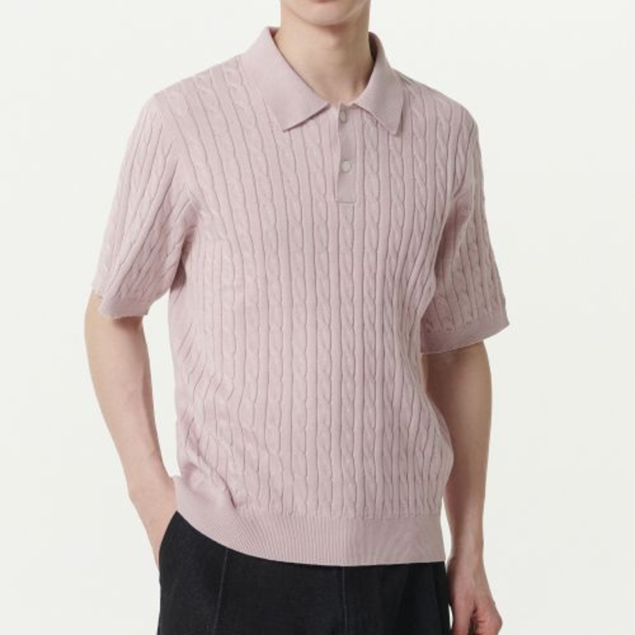 Cable Knitted Polo Shirt — Desert Pink