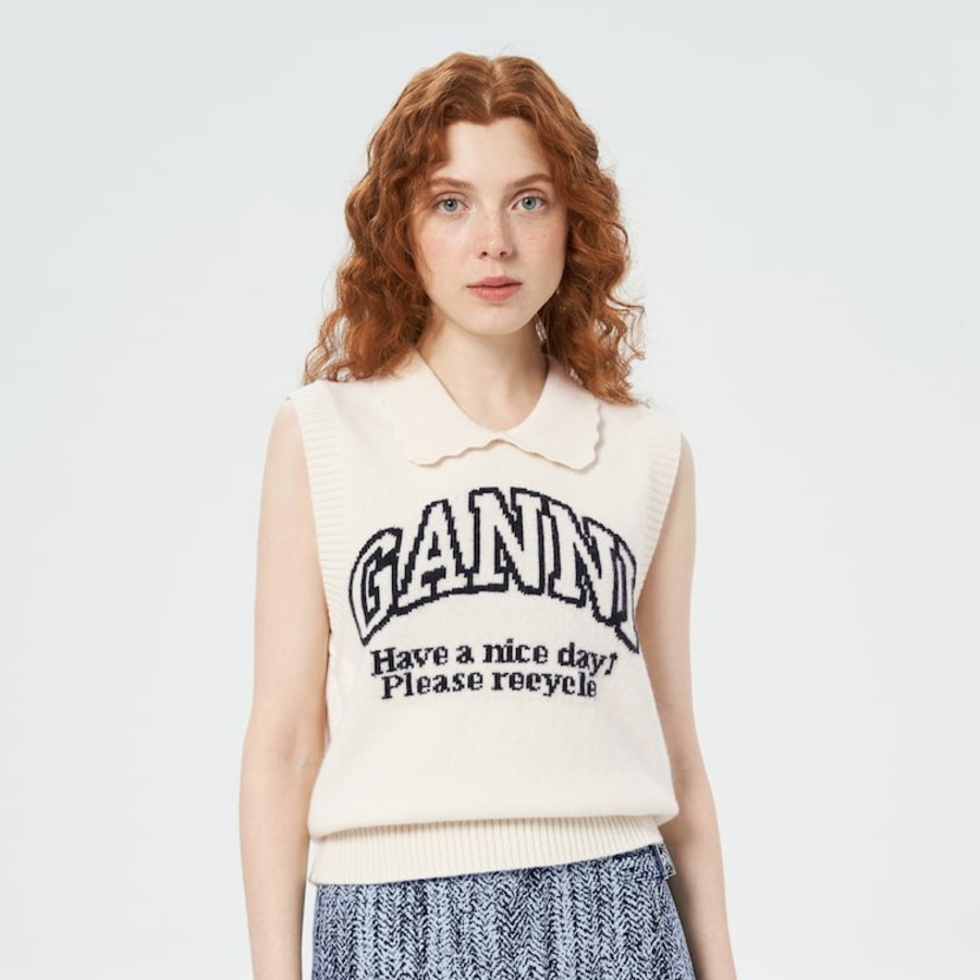 GANNI Graphic Wool Mix Collar Vest – Ivory