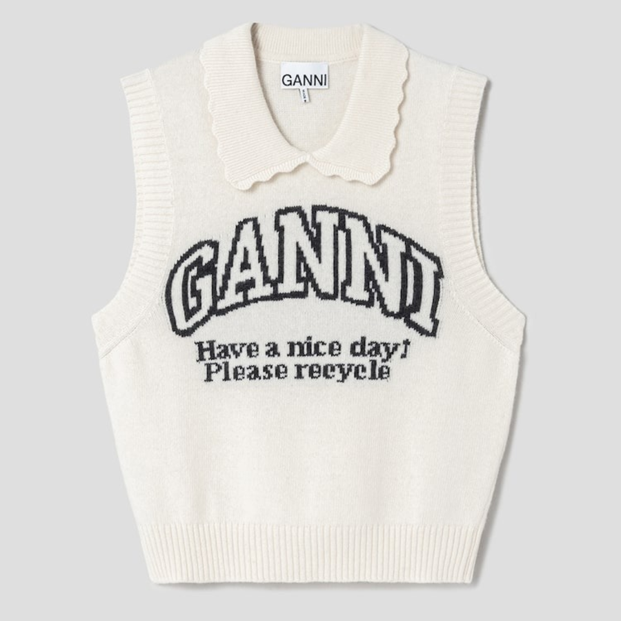GANNI Graphic Wool Mix Collar Vest – Ivory
