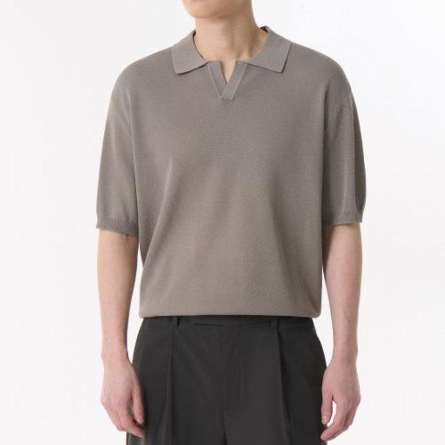 Cool Touch Slit Neck Knitted Polo Shirt — Taupe