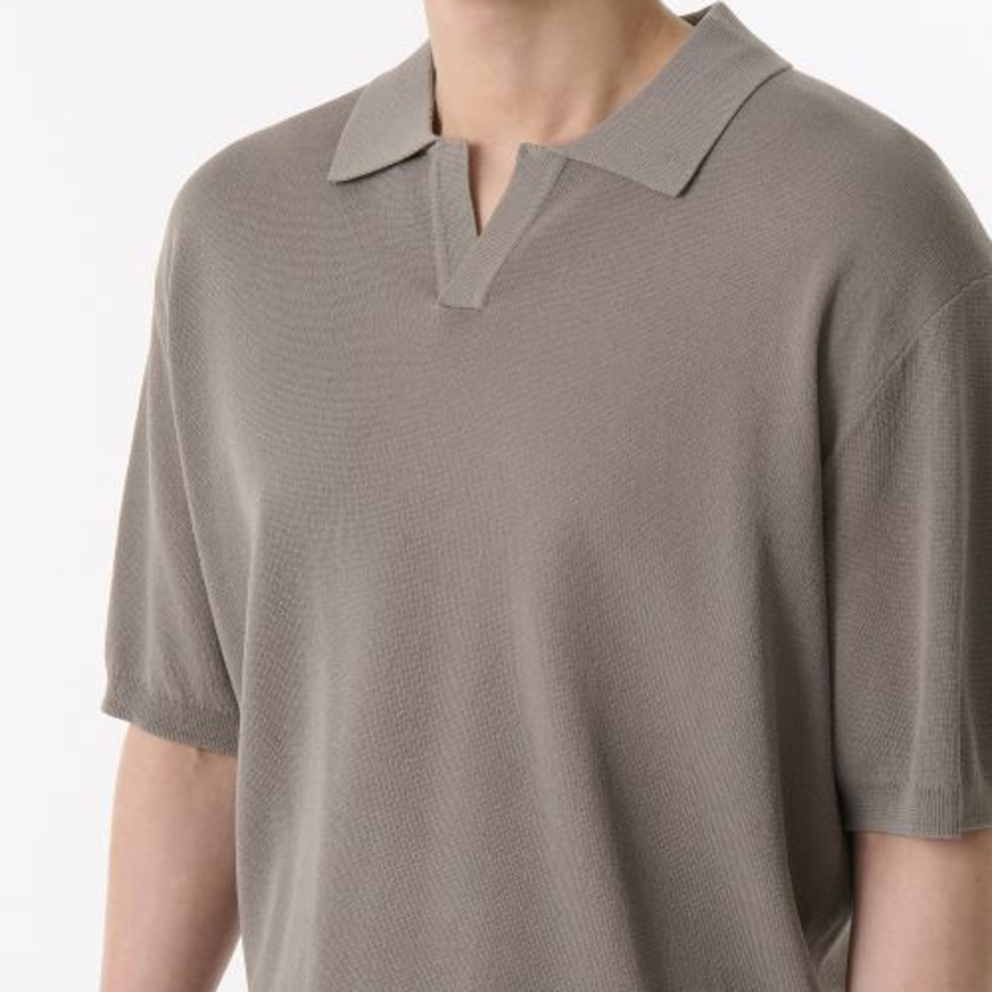 Cool Touch Slit Neck Knitted Polo Shirt — Taupe