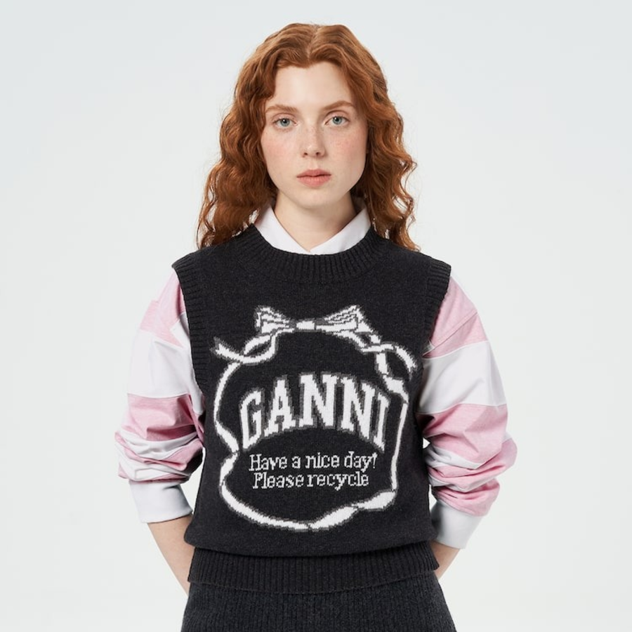 GANNI Graphic Wool Mix Bow Vest – Ash