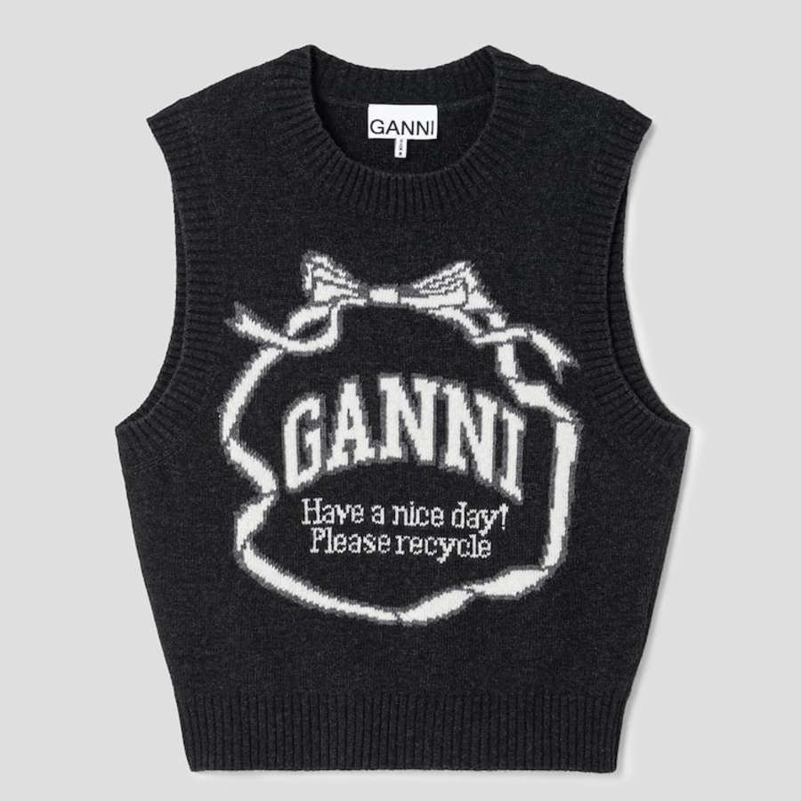 GANNI Graphic Wool Mix Bow Vest – Ash