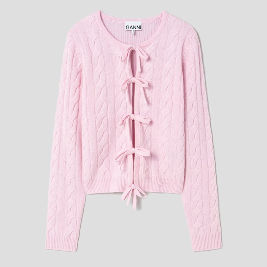GANNI Cashmere Mix Tie String Cardigan – Light Pink