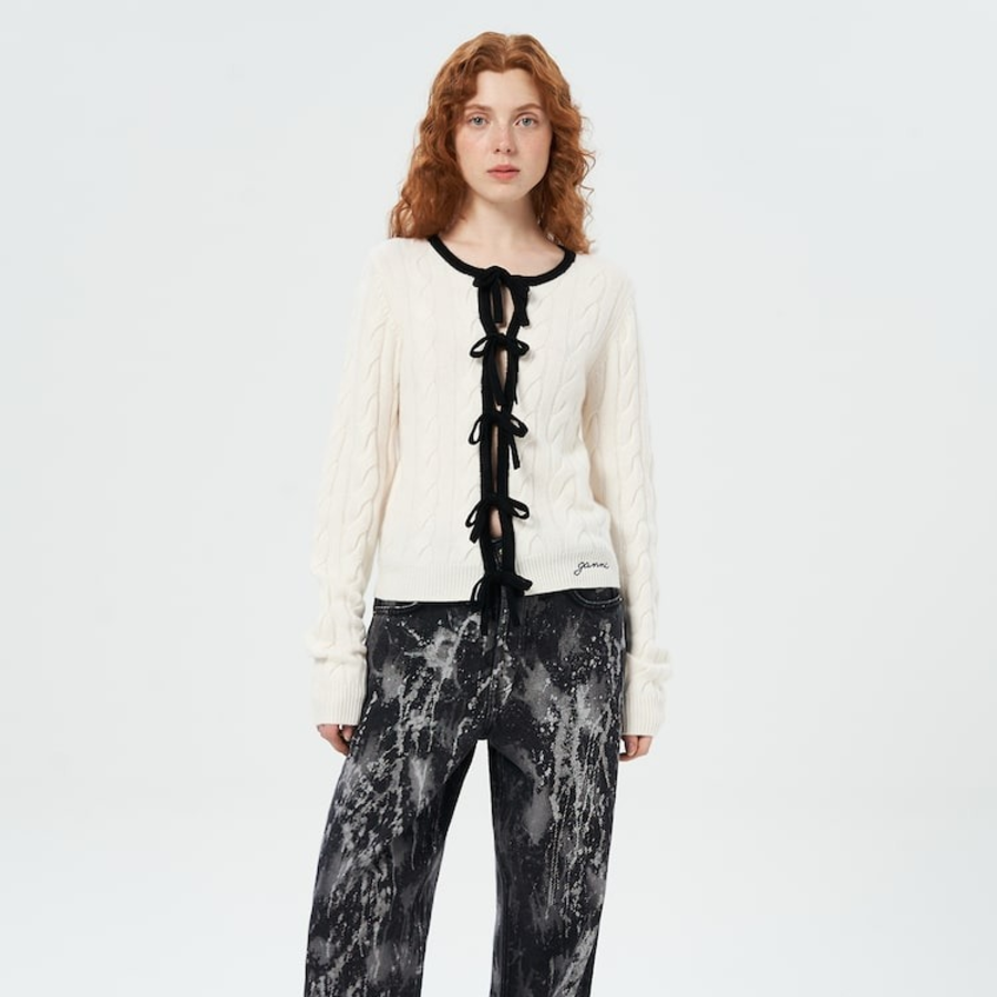 GANNI Cashmere Mix Tie String Cardigan – Ivory