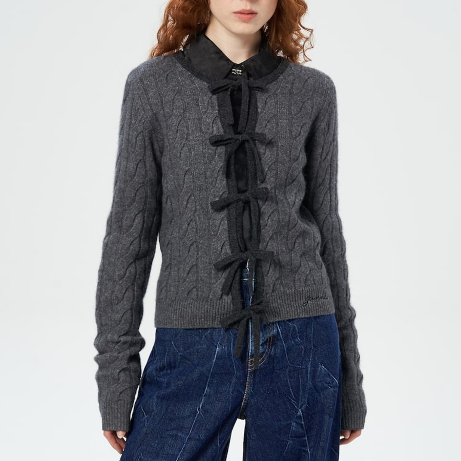 GANNI Cashmere Mix Tie String Cardigan – Ash