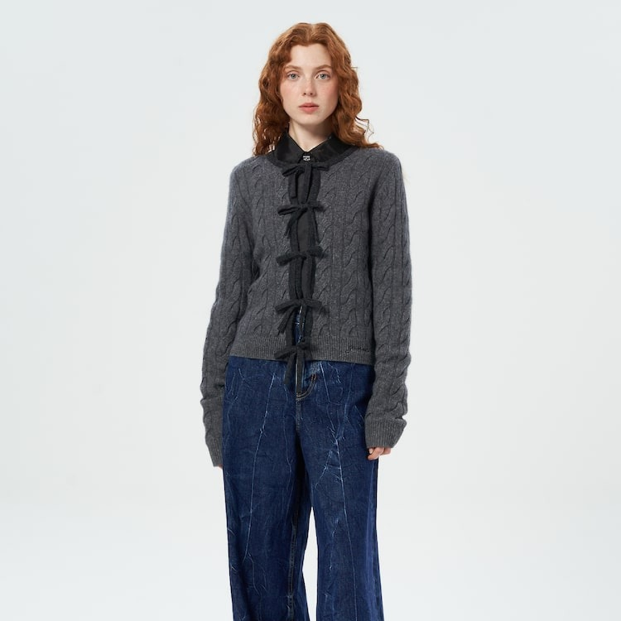 GANNI Cashmere Mix Tie String Cardigan – Ash