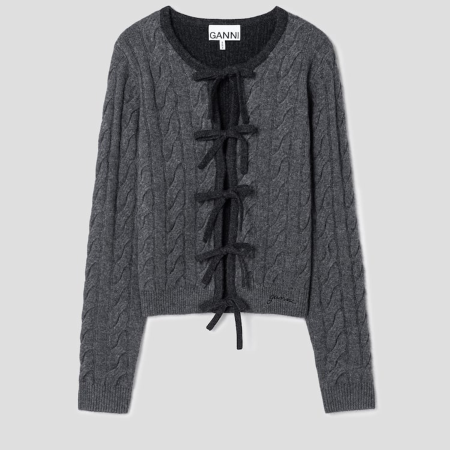 GANNI Cashmere Mix Tie String Cardigan – Ash