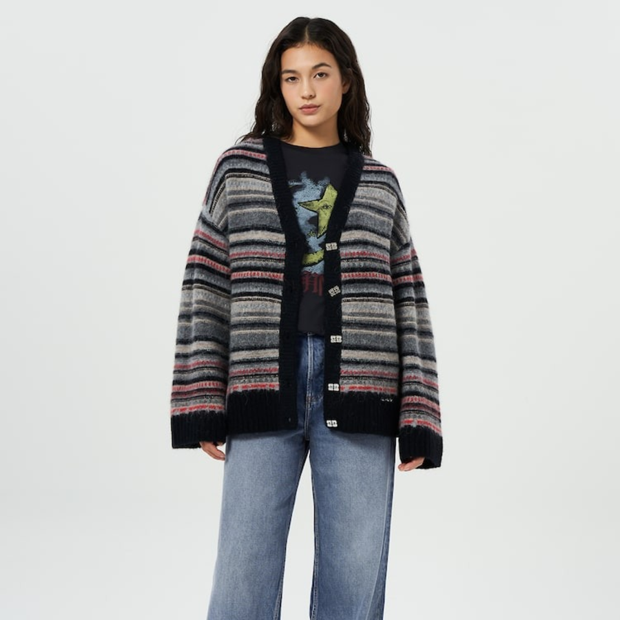 ANNI Soft Wool Stripe Boxy Cardigan – Black