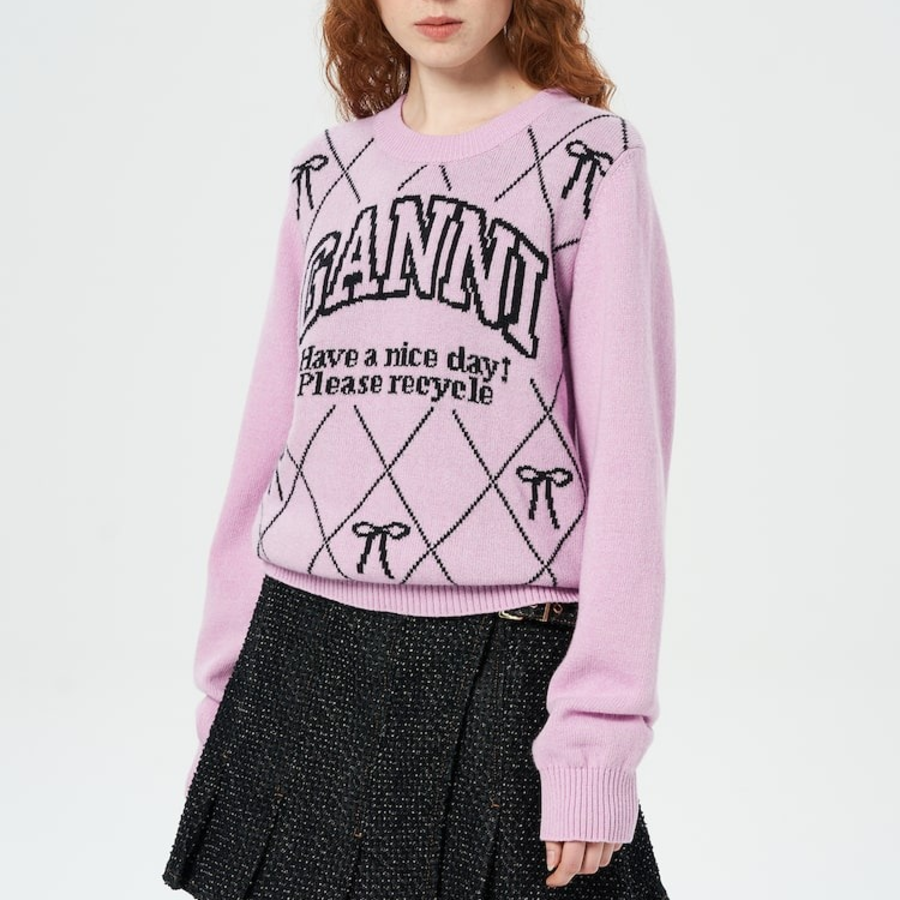 GANNI Graphic Wool Mix Bow Crewneck – Light Pink