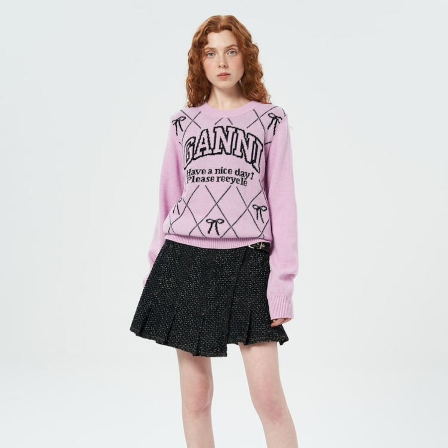 GANNI Graphic Wool Mix Bow Crewneck – Light Pink