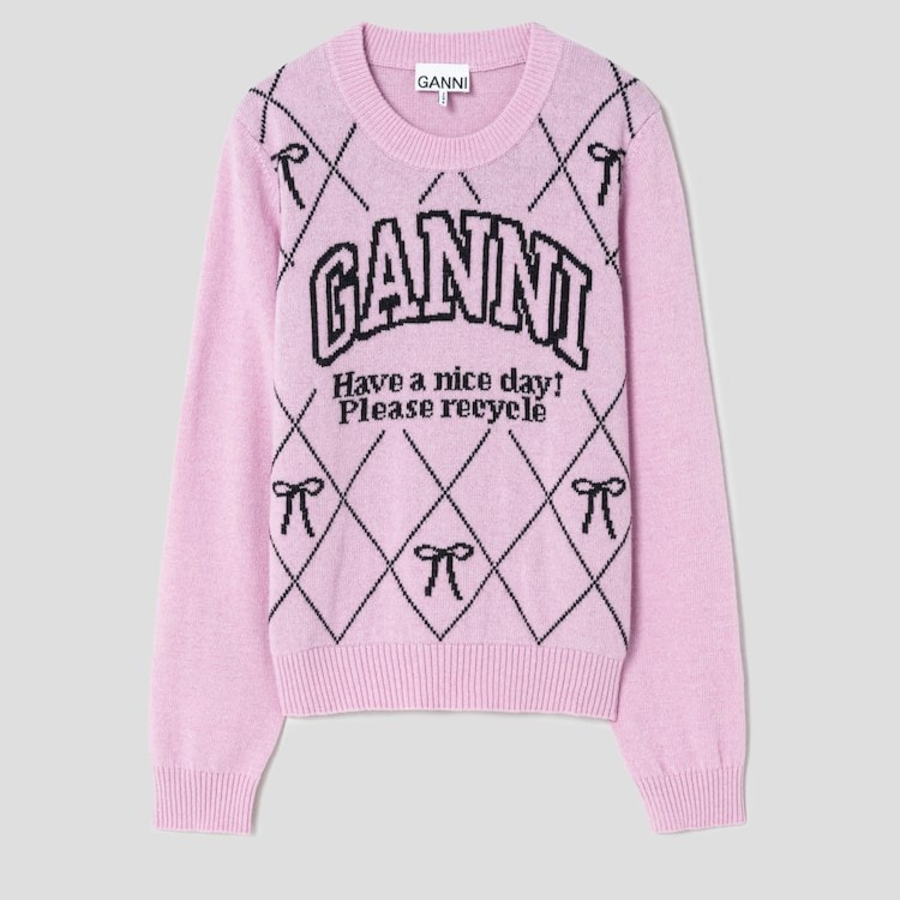 GANNI Graphic Wool Mix Bow Crewneck – Light Pink