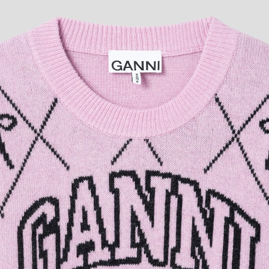 GANNI Graphic Wool Mix Bow Crewneck – Light Pink
