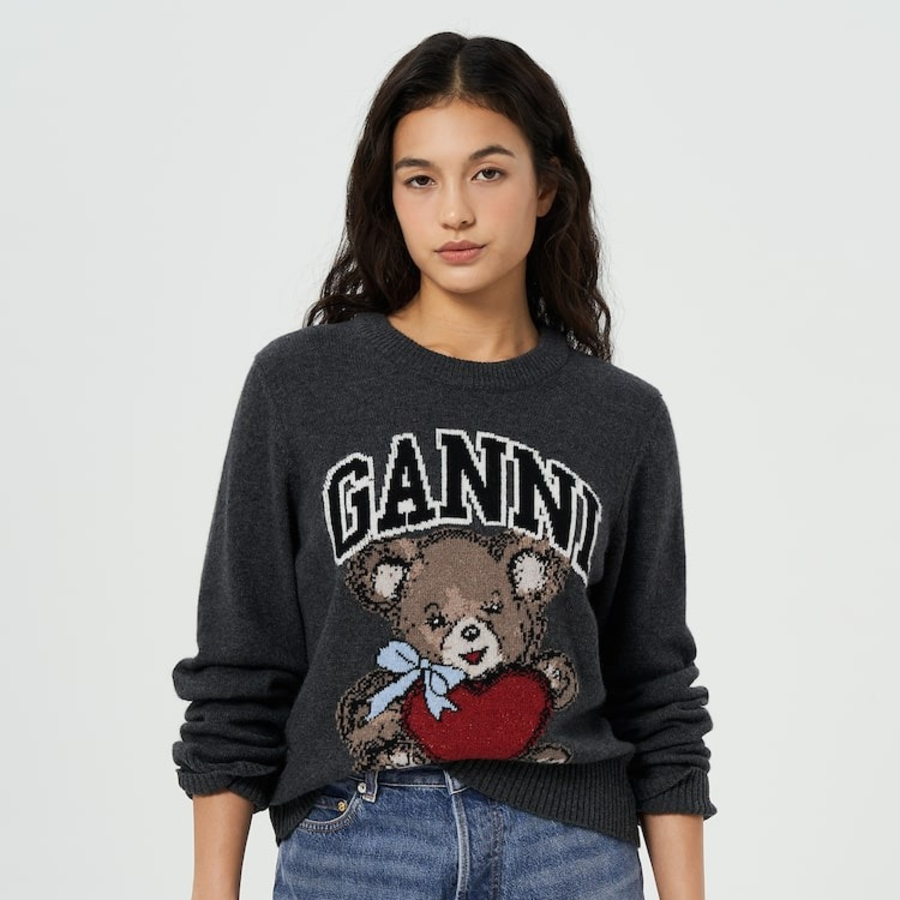 GANNI Graphic Wool Mix Bear Crewneck – Gray Quill