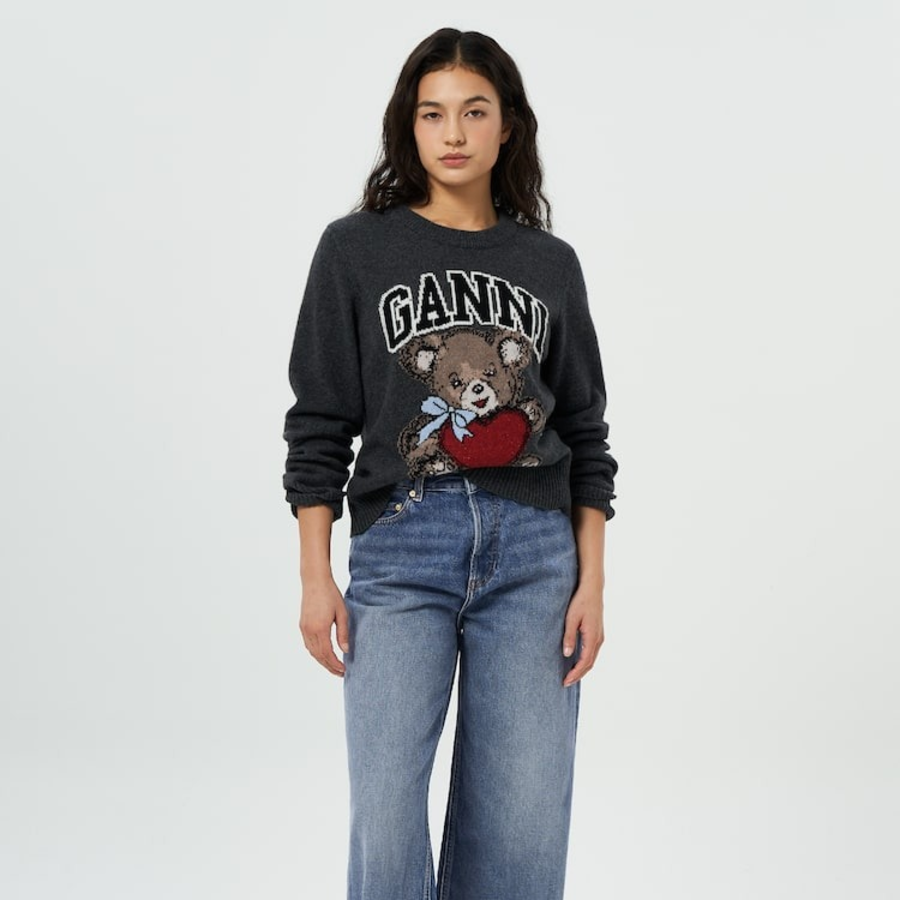 GANNI Graphic Wool Mix Bear Crewneck – Gray Quill