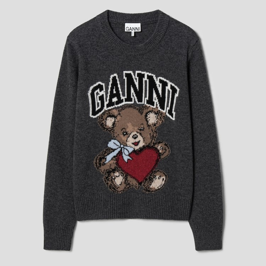 GANNI Graphic Wool Mix Bear Crewneck – Gray Quill