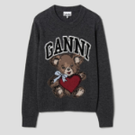 GANNI Graphic Wool Mix Bear Crewneck – Gray Quill