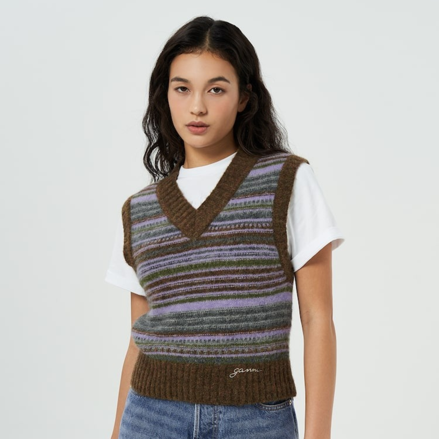 GANNI Soft Wool Stripe Vest – Yellowish Brown