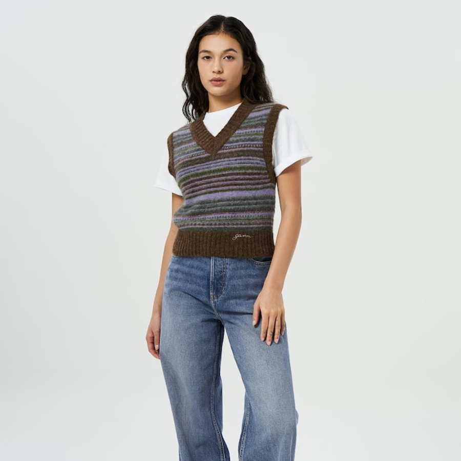 GANNI Soft Wool Stripe Vest – Yellowish Brown