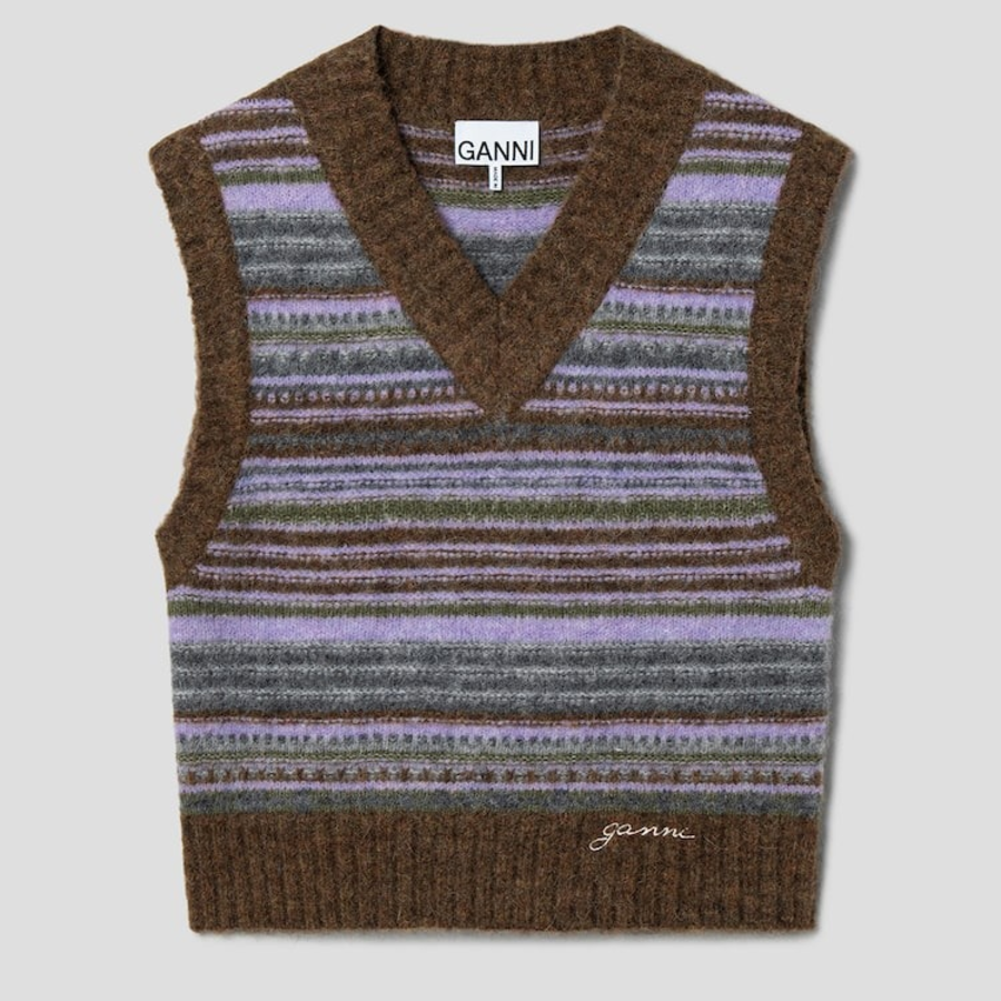 GANNI Soft Wool Stripe Vest – Yellowish Brown